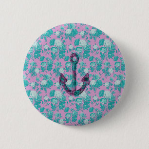 Vintage-Blumenmuster Anker in Rosa und Blau Button
