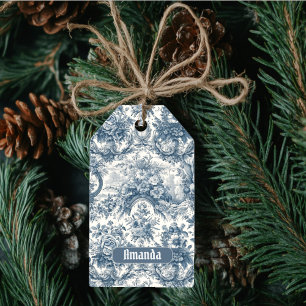 Vintage Blumenmuster Blau toile de jouy Monogramm Geschenkanhänger