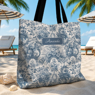 Vintage Blumenmuster Blau toile de jouy Monogramm Tasche