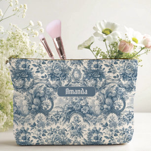 Vintage Blumenmuster Blau toile de jouy Monogramm Zubehörtasche
