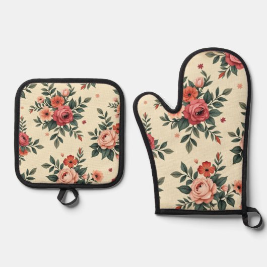 Vintage Blumenmuster mit klassischer Eleganz Ofenhandschuh & Topflappen-Set (Vorderseite)