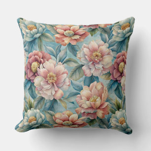 Vintage-Blumenmuster Pfirsich und Rosa Patel Blau Kissen