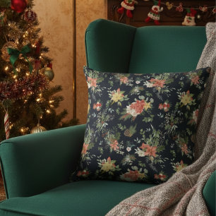 Vintage Blumenmuster Poinsettie Weihnachten Blau Kissen