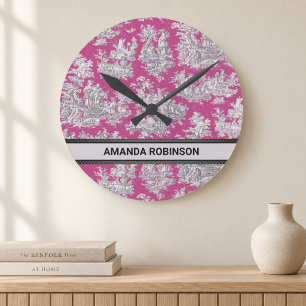 Vintage Blumenmuster rosa Magenta Toile de Jouy Mo Runde Wanduhr
