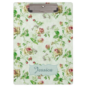 Vintage Blumenmuster Rosa Rosen Personalisiert Klemmbrett