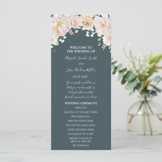 Vintage Blumennavblau Hochzeitsprogramm Programm (Stehend Vorderseite)