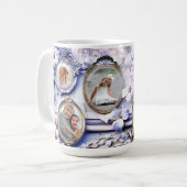 Vintage-Blumenrahmen-Collage mit sanftem Lavendel Kaffeetasse (Vorderseite Links)
