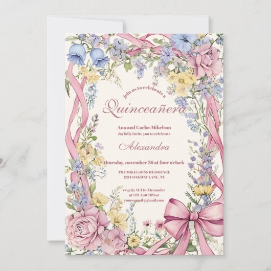 Vintage-Blumenrahmen Quinceañera Einladung (Vorderseite)
