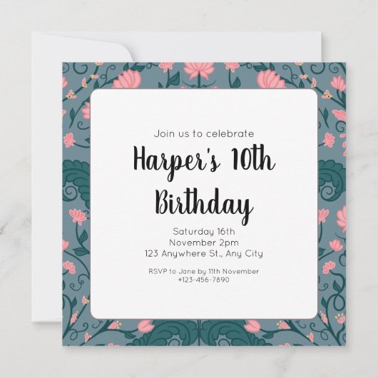 Vintage Blumenrinde - Einladung zum Geburtstag (Rückseite)