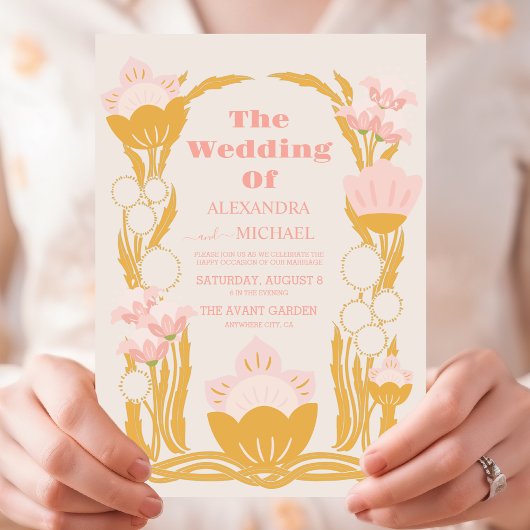 Vintage Blumenrosa-Hochzeit im Jugendstil Einladung