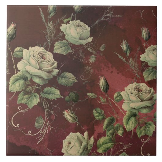 Vintage Blumenrose Grünzeug Fliese (Vorderseite)