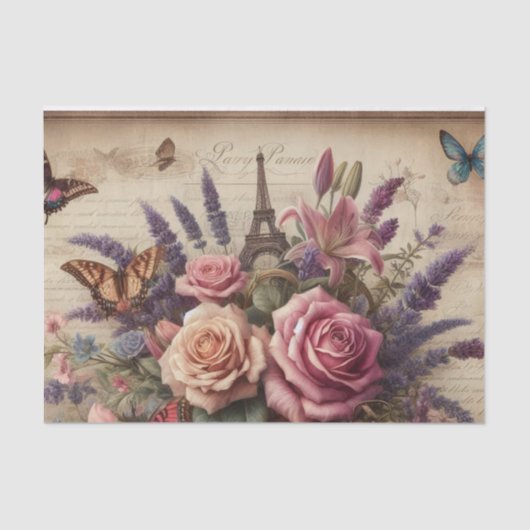 Vintage Blumenschmetterlinge Eiffelturmdecoupage Seidenpapier (Vorderseite)