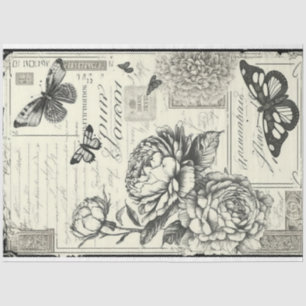 Vintage Blumenschmetterlinge Schwarz-weiß für Küns Seidenpapier