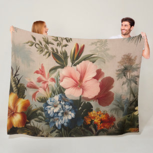 Vintage Blumensstillleben mit tropischen Blumen Fleecedecke