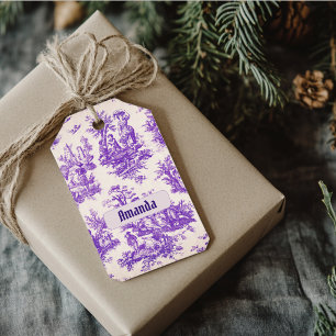 Vintage Blumenstoff violett Toile de Jouy Monogram Geschenkanhänger