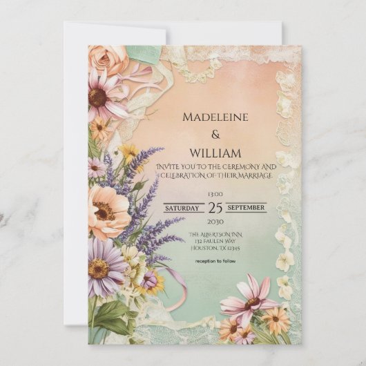 Vintage Blumenstrasse Elegante Romantische Hochzei Einladung (Vorderseite)