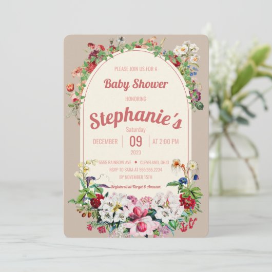 Vintage Blumenstrauß Arch Babydusche Einladung (Stehend Vorderseite)