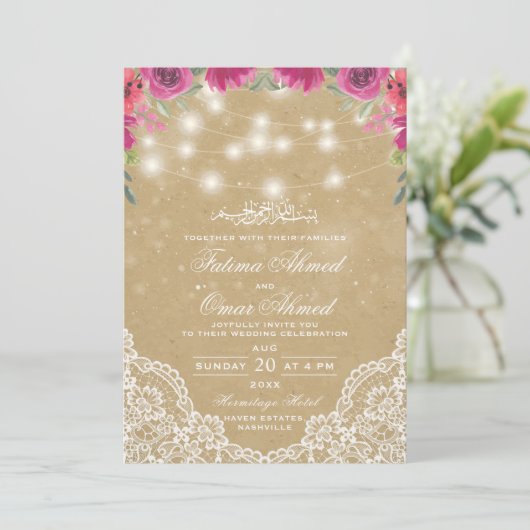 Vintage Blumenstrauß Licht Islamische Hochzeit Einladung (Stehend Vorderseite)
