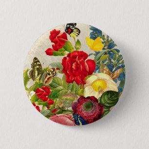 Vintage Blumenstrauß mit Schmetterlingen Button