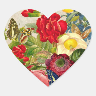 Vintage-Blumenstrauß mit Schmetterlingen Herz-Aufkleber