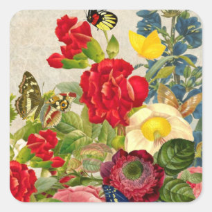 Vintage-Blumenstrauß mit Schmetterlingen Quadratischer Aufkleber