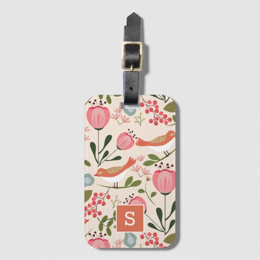 Vintage Blumenvögel Botanisches Muster Monogramm Gepäckanhänger (Vorderseite Vertikal)
