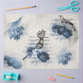 Vintage Blumenvögel Navy Blauer Antike Decoupage Seidenpapier (Basteln)