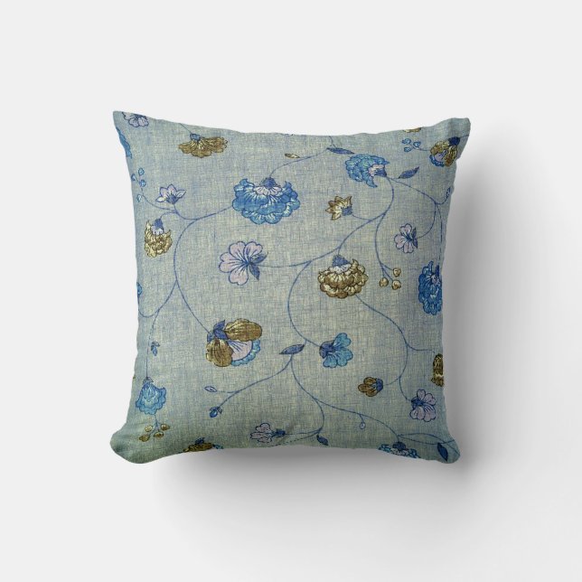 Vintage Blumenwäsche mit blauen und goldenen Blume Kissen (Vorderseite)