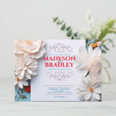 Vintage Blumenweiße Blume Geblüht Hochzeit Einladung (Stehend Vorderseite)