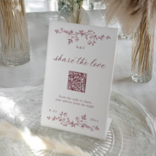 Vintage Blumige Burgund Weinrot Hochzeit QR-Code Sockelschild