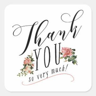 Vintage Blumige Rose-Typografie Danke Weiß Quadratischer Aufkleber