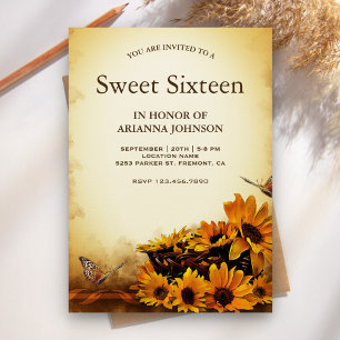 Vintage Blumige Sonnenblume Sweet Sixteen Einladung