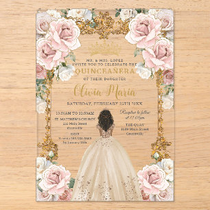 Vintage-Blush-Champagner-Blumenkleid Quinceanera Acryleinladungen