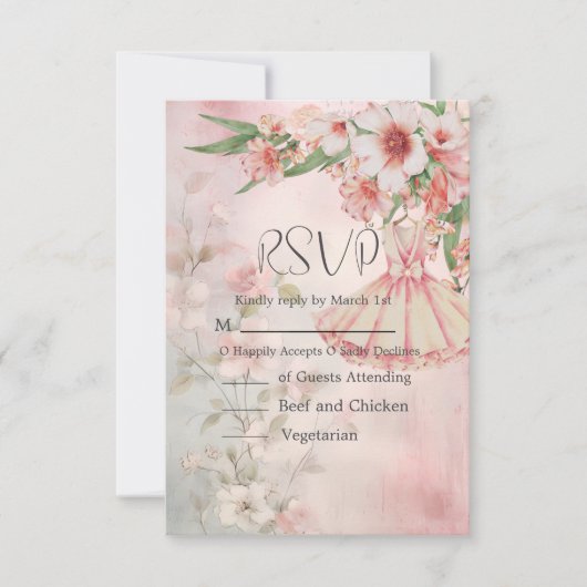 Vintage Blush Dress Wedding RSVP Karte (Vorderseite)