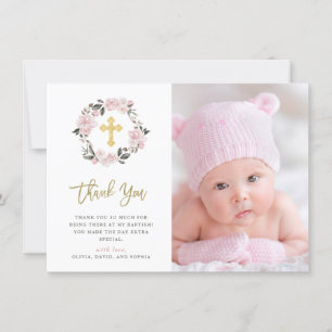 Vintage Blush Floral und Gold Kreuz Foto Taufe Dankeskarte