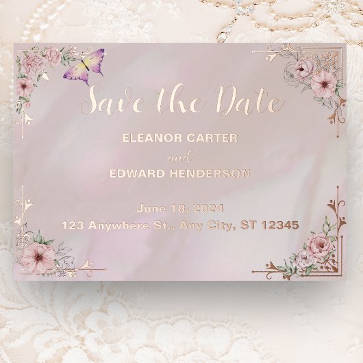 Vintage Blush Peony Foil Save the Date Karte