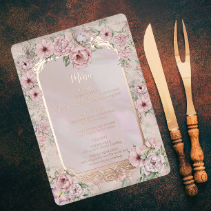 Vintage Blush Pfingstrosen-Hochzeitsmenükarte aus Folieneinladung