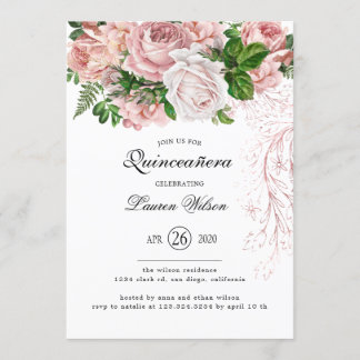 Vintage Blush-Rose auf White Quinceanera Einladung