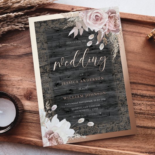 Vintage Blush Rustic Rose Gold Wedding Folieneinladung