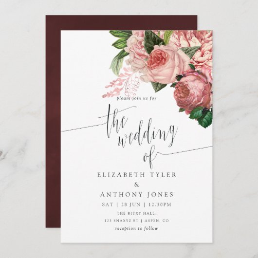 Vintage Blush und Burgunder Blumenzwiebeln Einladu Einladung (Vorne/Hinten)