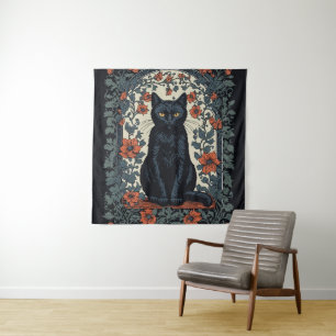 Vintage Blüte der schwarzen Katze Wandteppich