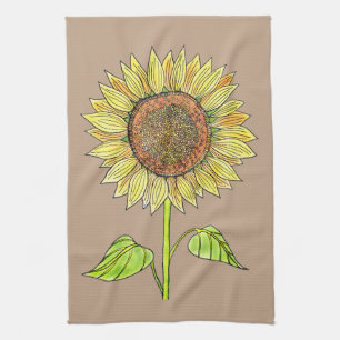 Vintage Blüte Rustikale Taupe Wasserfarbe Sonnenbl Geschirrtuch