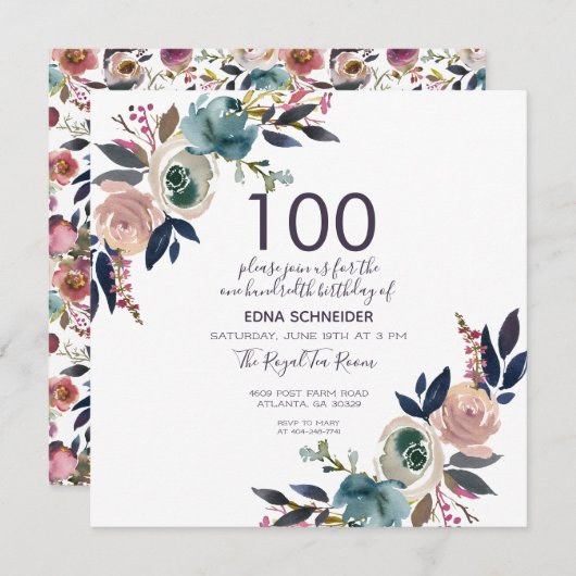 Vintage Blüten | 100. Geburtstag Einladung (Vorne/Hinten)