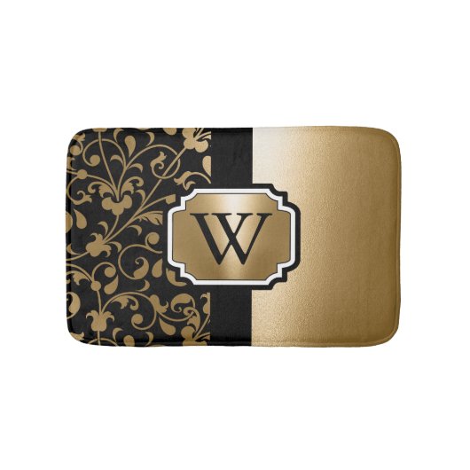 Vintage Blüten in Schwarz und Golden Badematte (Vorderseite)