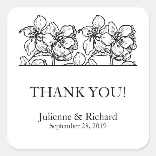 Vintage Blüten | Schwarz-Weiß-Gastgeschenk Hochzei Quadratischer Aufkleber (Vorderseite)