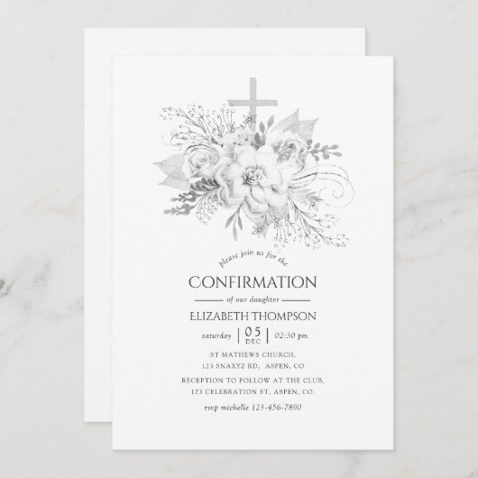 Vintage Blütenbestätigung in Weiß und Silber Einladung (Vorne/Hinten)