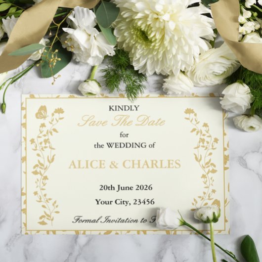 Vintage Blütengoldkarte und Save the Date Creme