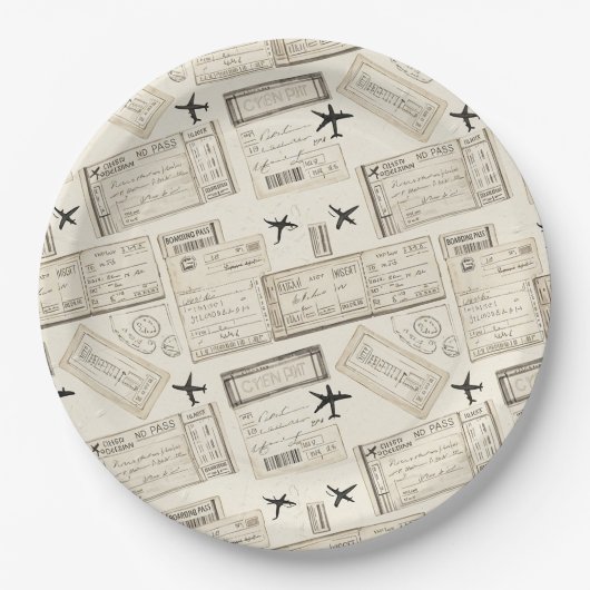 Vintage-Boarding-Pass-Reisemuster Pappteller (Vorderseite)