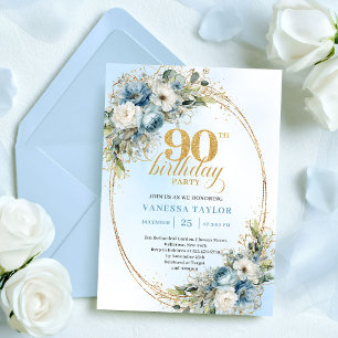 Vintage Bohemian Blau Blumen Gold 90. Geburtstag Einladung