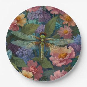 Vintage Boho-Chic Pastell-Blumen-Garten-Libelle Pappteller